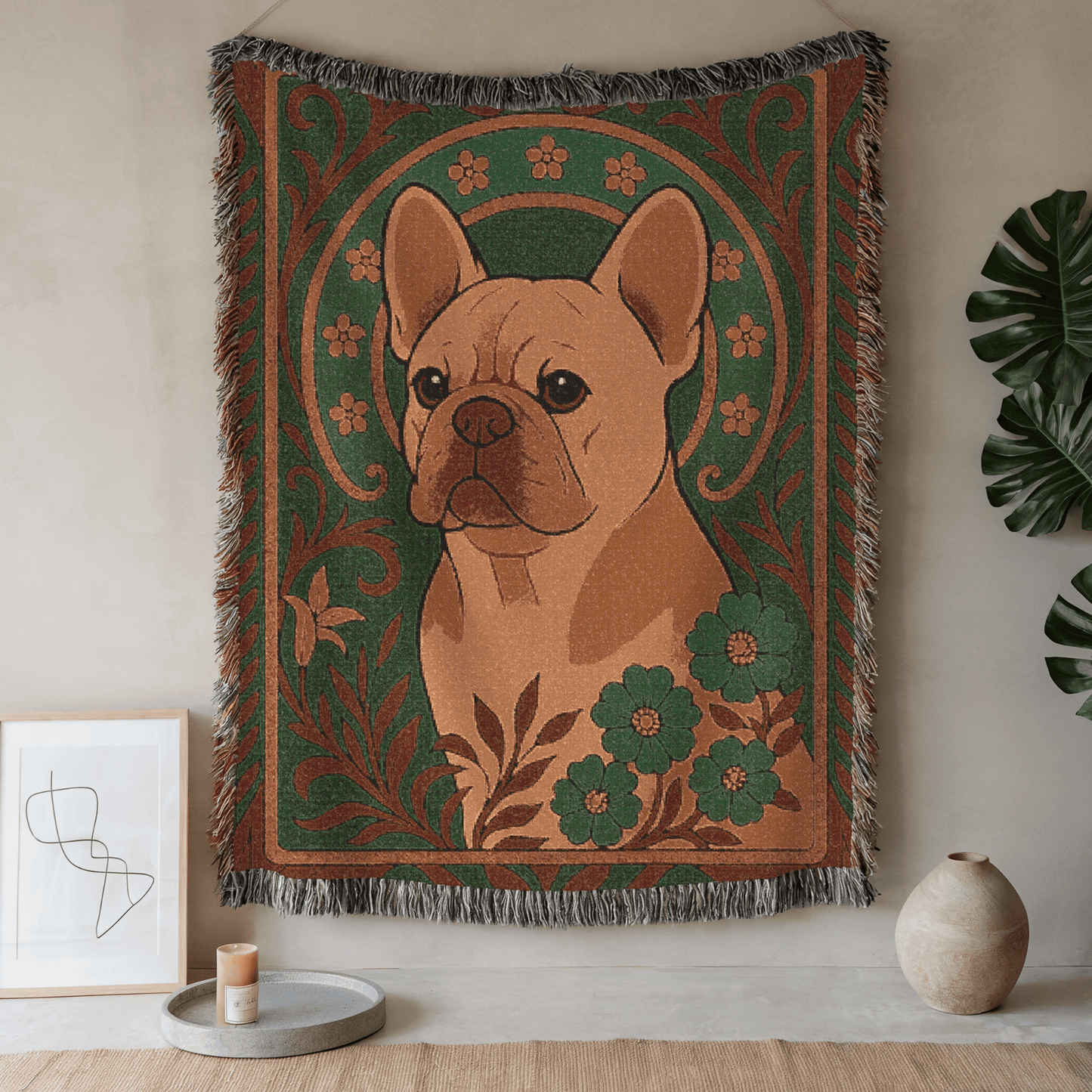 Printify Blanket 52'' × 37'' Fawn French Bulldog Art Deco Woven Blanket