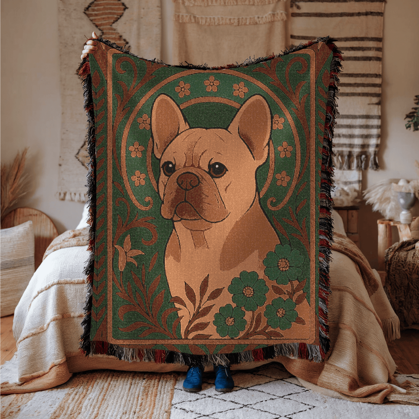 Printify Blanket Fawn French Bulldog Art Deco Woven Blanket