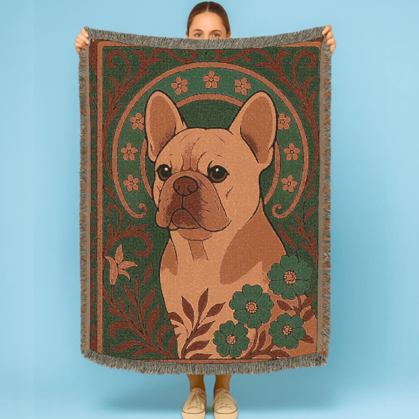 Printify Blanket Fawn French Bulldog Art Deco Woven Blanket