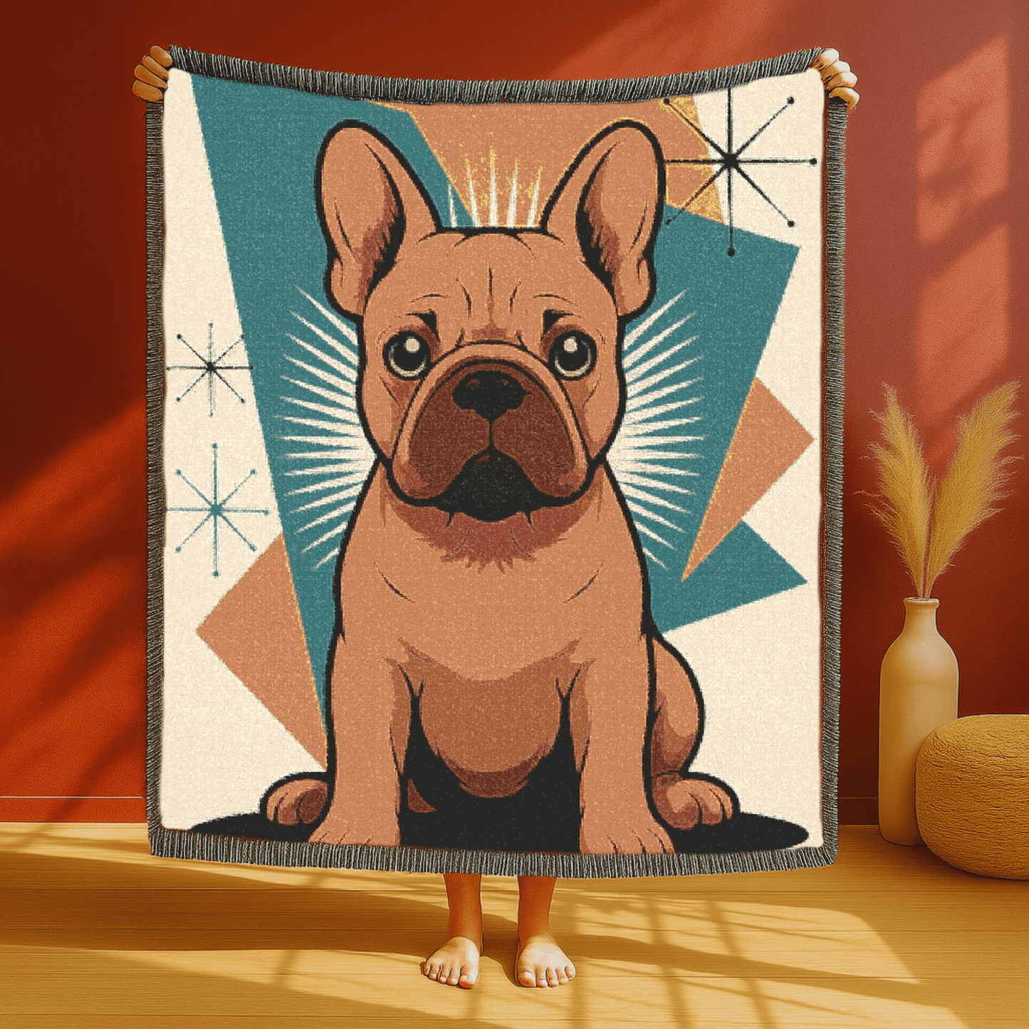 Printify Blanket Fawn French Bulldog Atomic Mid Century Modern Throw Blanket