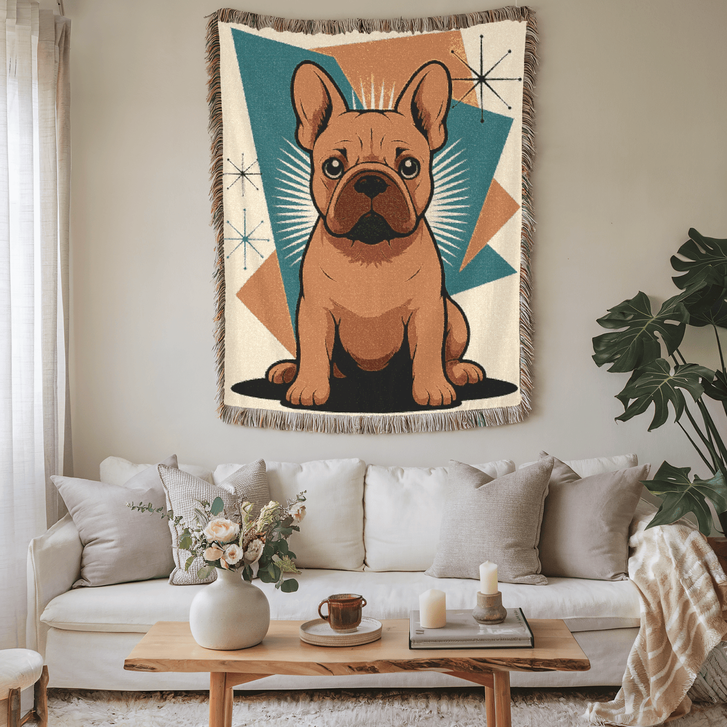 Printify Blanket Fawn French Bulldog Atomic Mid Century Modern Throw Blanket