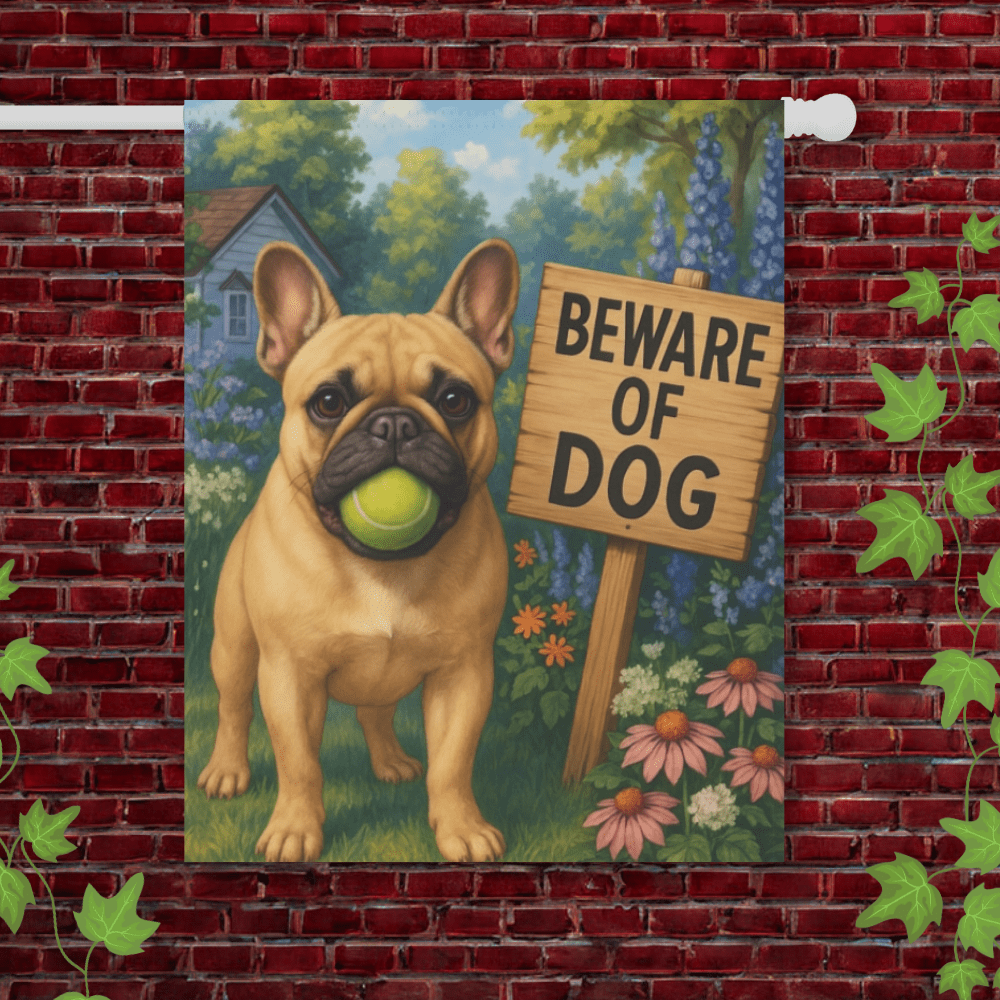 Printify Garden Flag 24.5'' × 32'' Fawn French Bulldog Beware Garden Flag