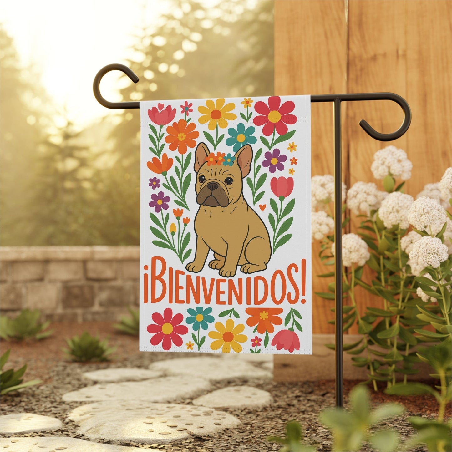 Printify Garden Flag Fawn French Bulldog Bienvenidos Garden Flag