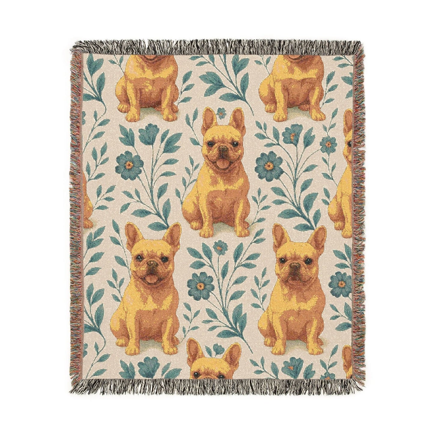 Printify Blanket Fawn French Bulldog Blue Floral Throw Blanket
