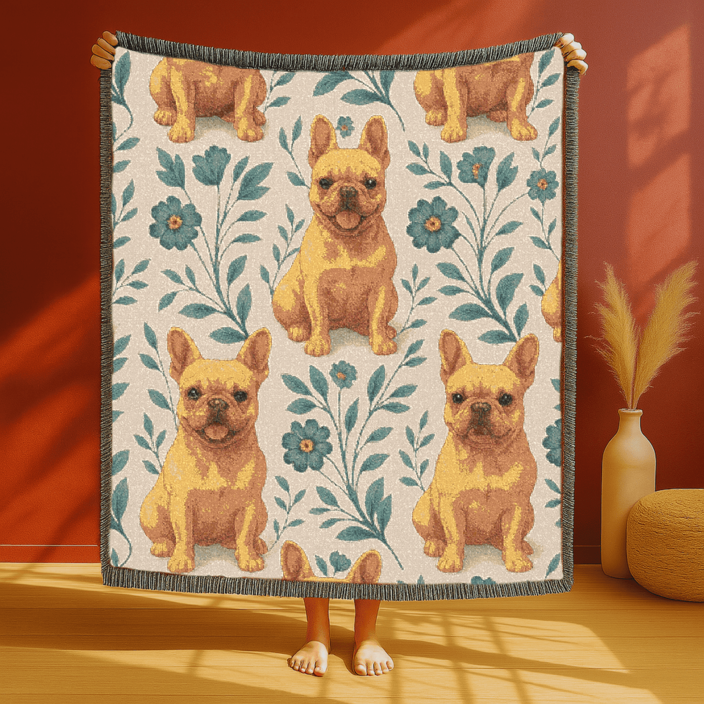 Printify Blanket Fawn French Bulldog Blue Floral Throw Blanket