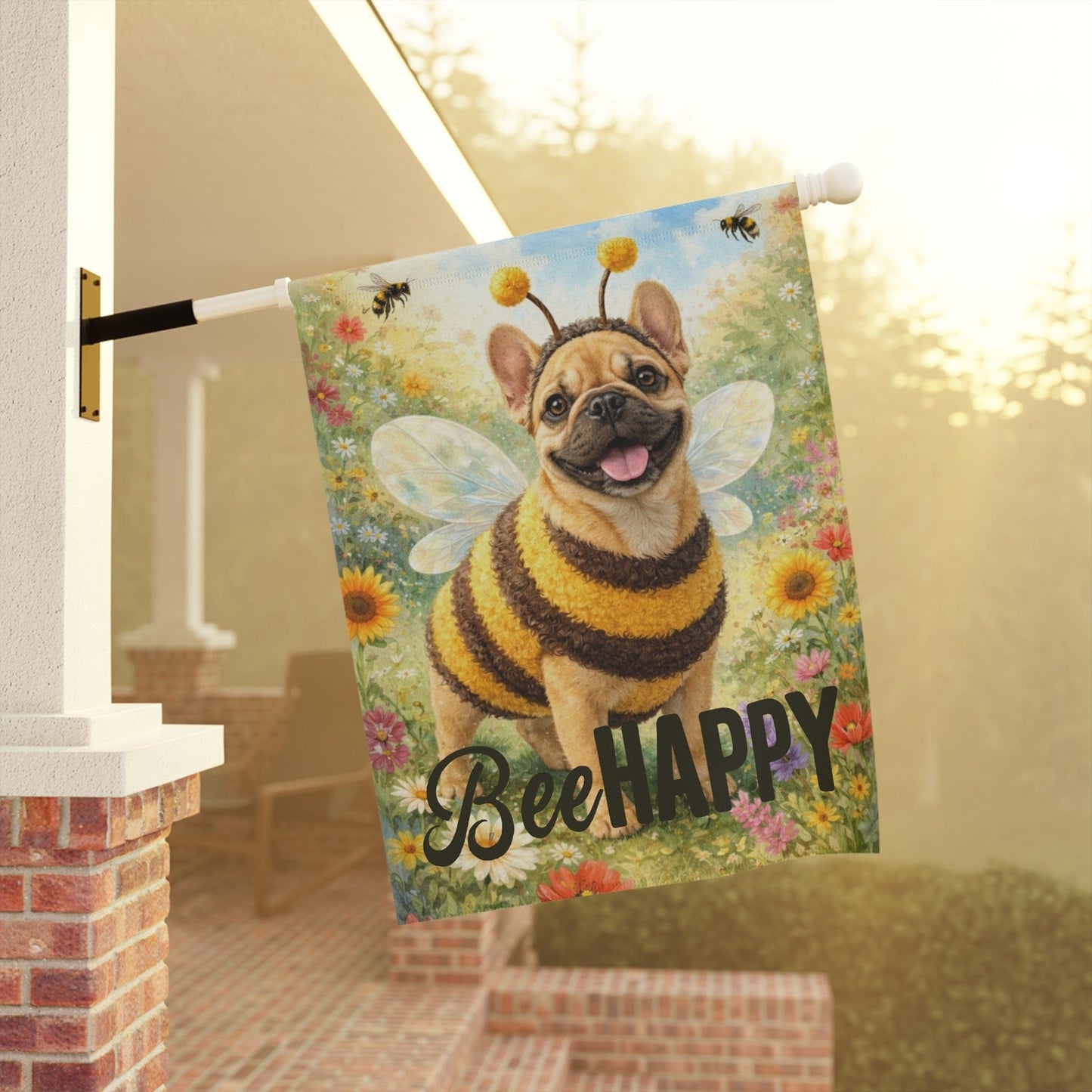 Fawn French Bulldog Bumble Bee Happy Garden Flag