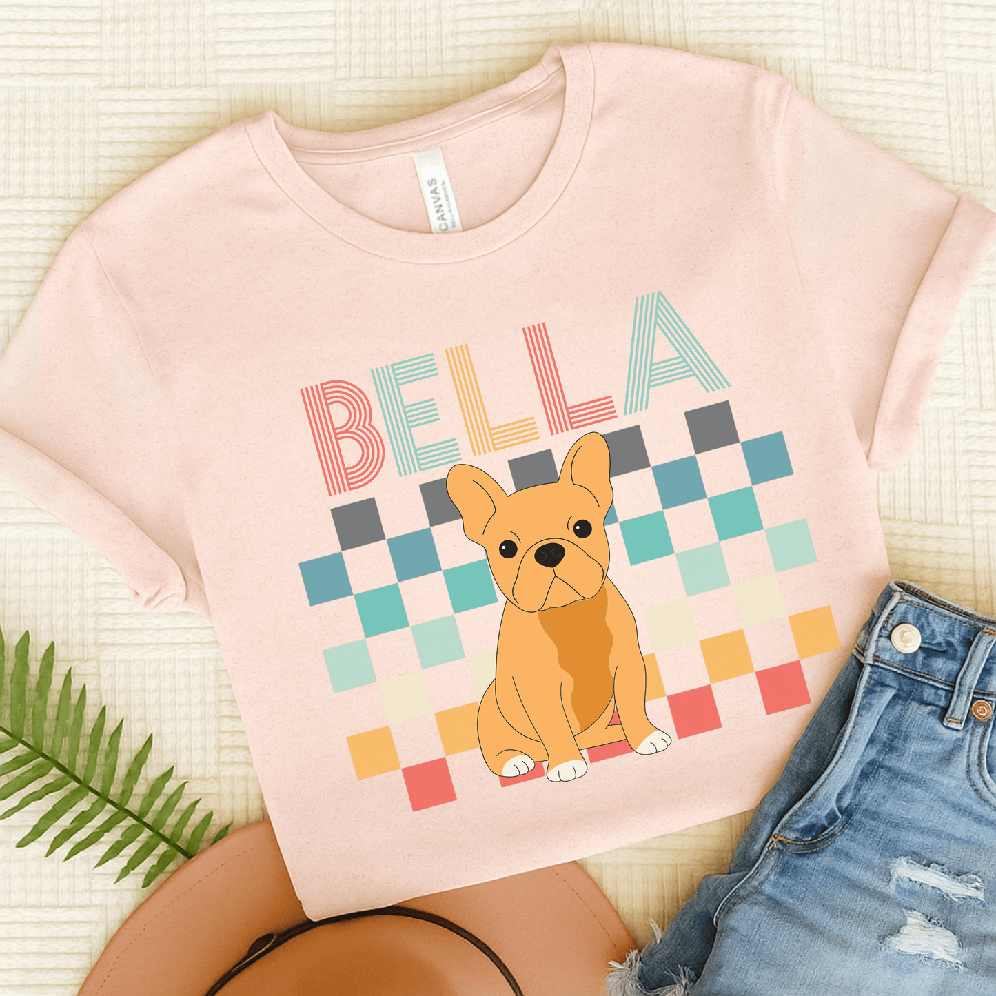Printify T-Shirt Soft Pink / S Fawn French Bulldog Checkered Tee