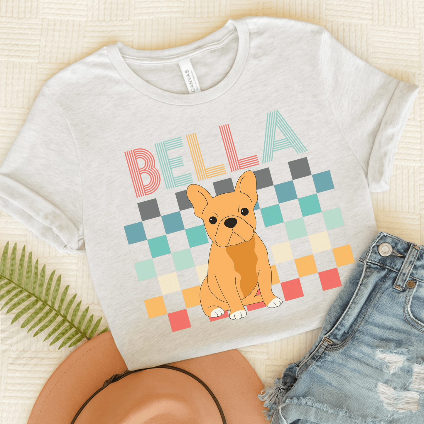 Printify T-Shirt Ash / S Fawn French Bulldog Checkered Tee
