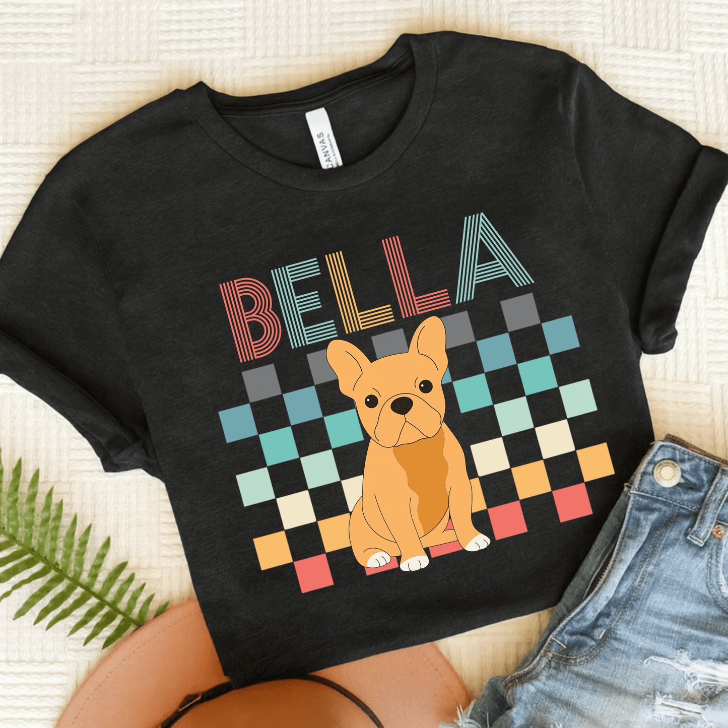 Printify T-Shirt Solid Black Blend / S Fawn French Bulldog Checkered Tee