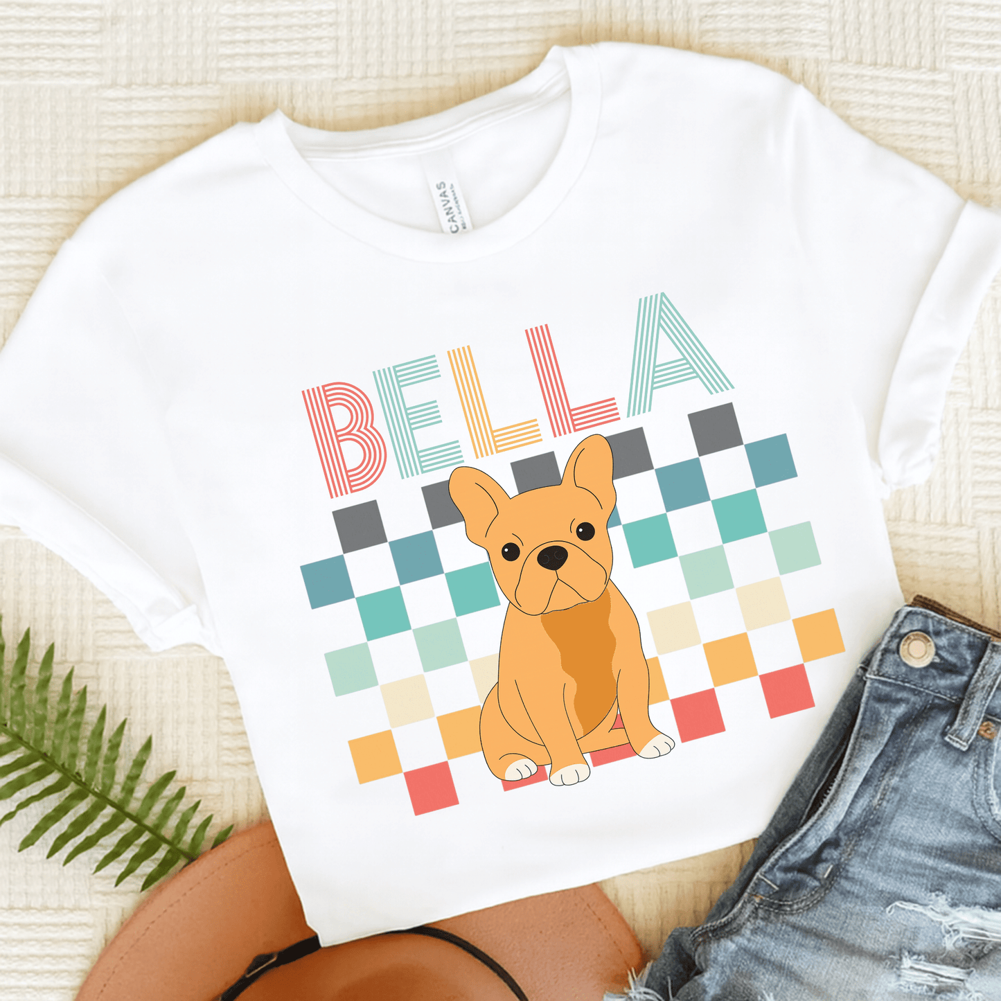 Printify T-Shirt White / S Fawn French Bulldog Checkered Tee