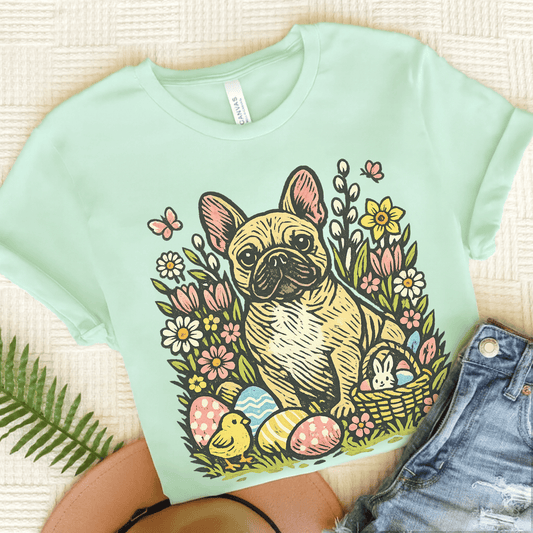 Fawn French Bulldog Linocut Easter Unisex TShirt Heather Mint