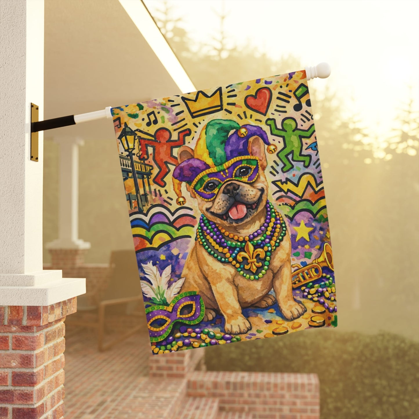 Fawn French Bulldog Mardi Gras Garden Flag