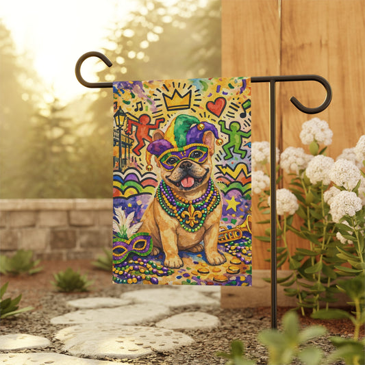 Fawn French Bulldog Mardi Gras Garden Flag