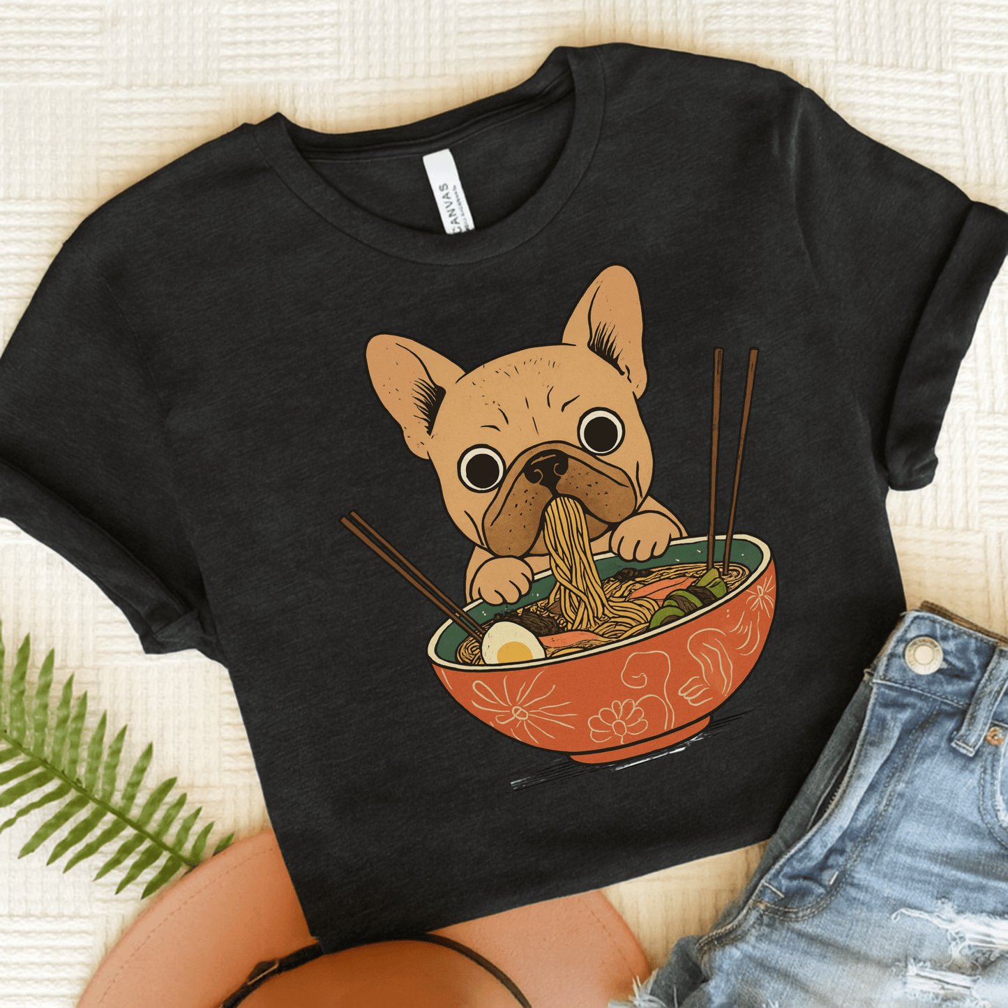 Printify T-Shirt Solid Black Blend / S Fawn French Bulldog Ramen TShirt