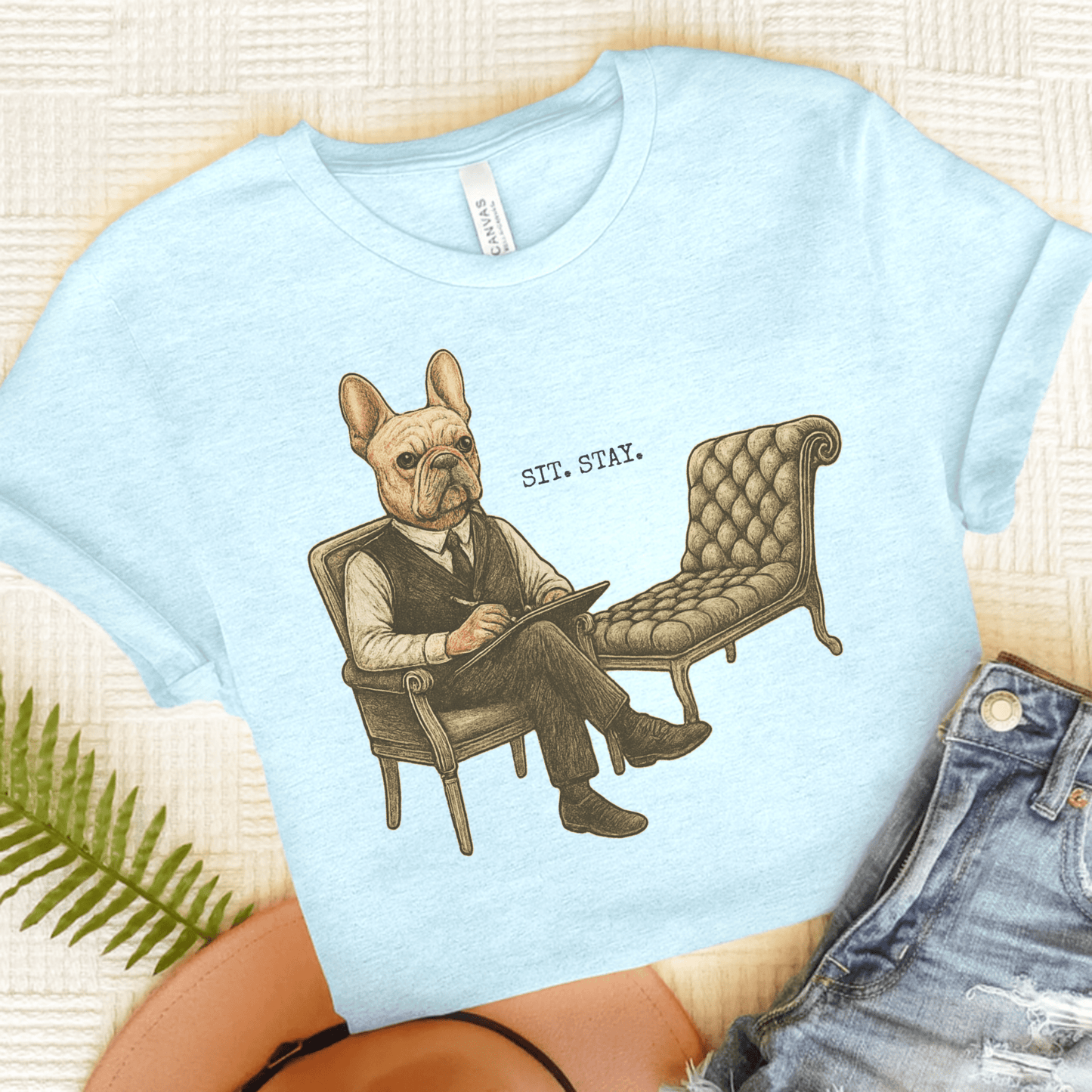 Printify T-Shirt Heather Ice Blue / S Fawn French Bulldog Sit Stay TShirt