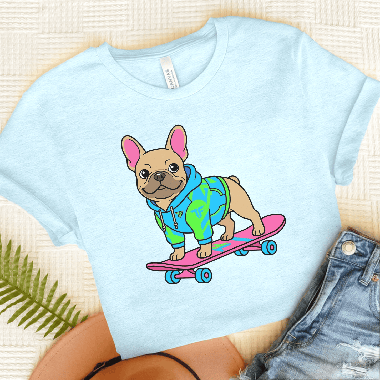 Fawn French Bulldog Skateboard Unisex TShirt Heather Ice Blue