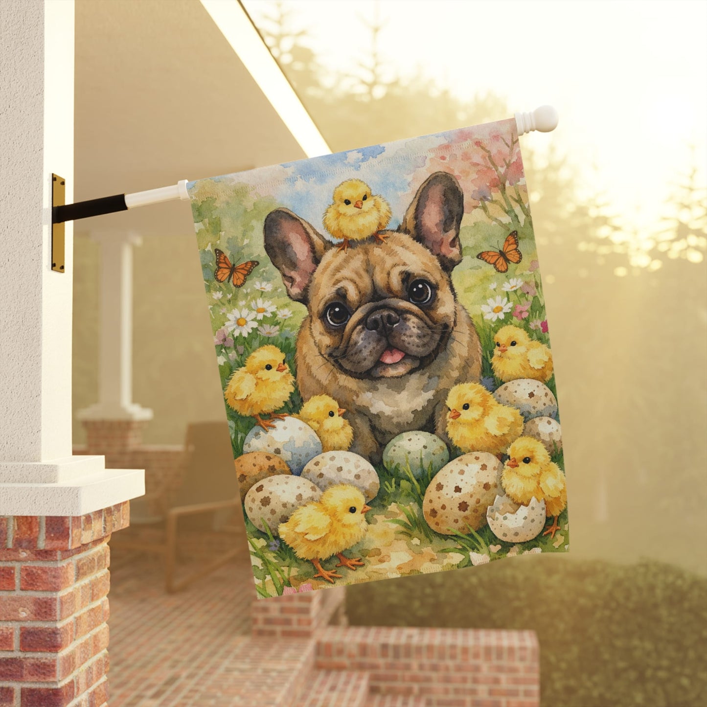 Fawn French Bulldog Spring Chickens Garden Yard Flag