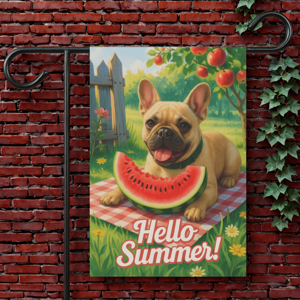 Printify Garden Flag 12'' × 18'' Fawn French Bulldog Watermelon Garden Flag
