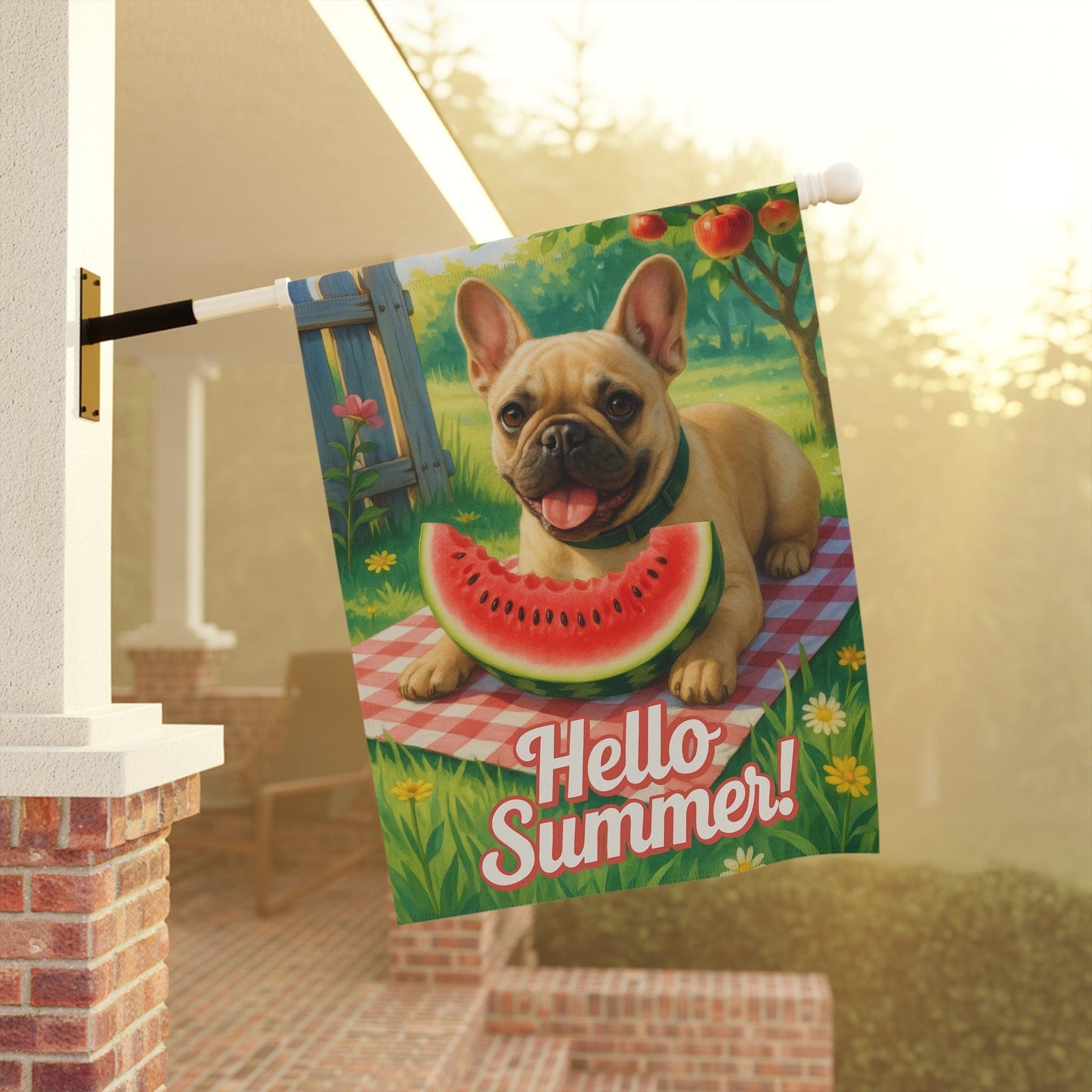 Printify Garden Flag Fawn French Bulldog Watermelon Garden Flag