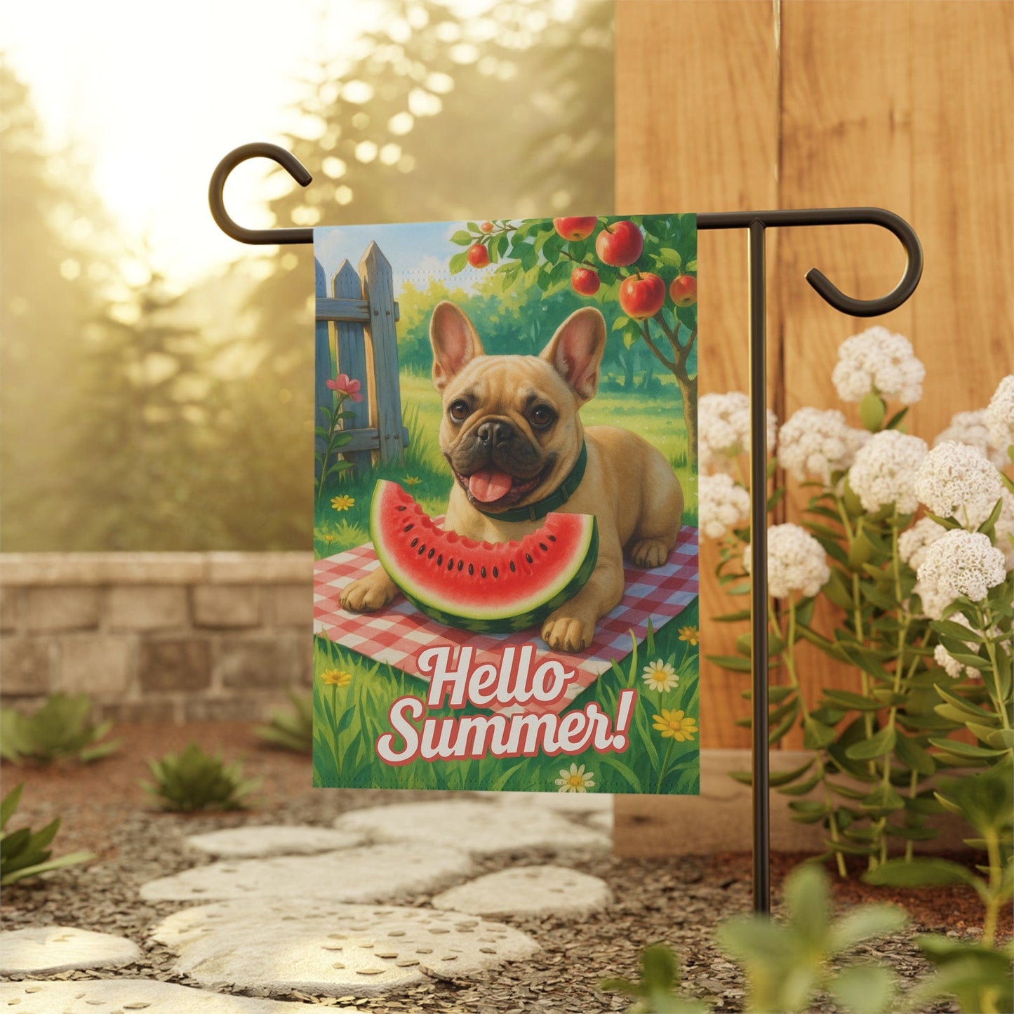 Printify Garden Flag Fawn French Bulldog Watermelon Garden Flag