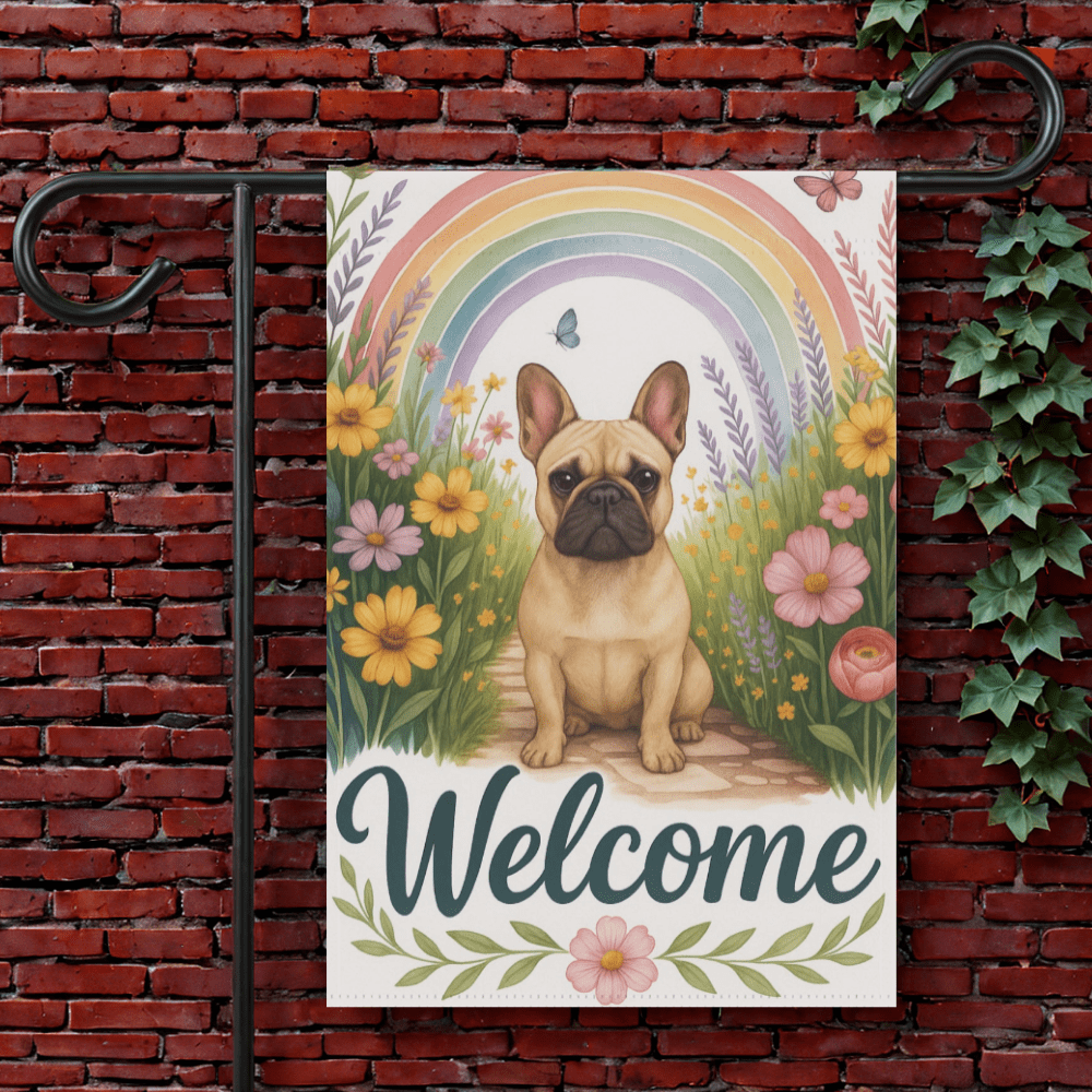 Printify Garden Flag 12'' × 18'' Fawn French Bulldog Welcome Garden Flag