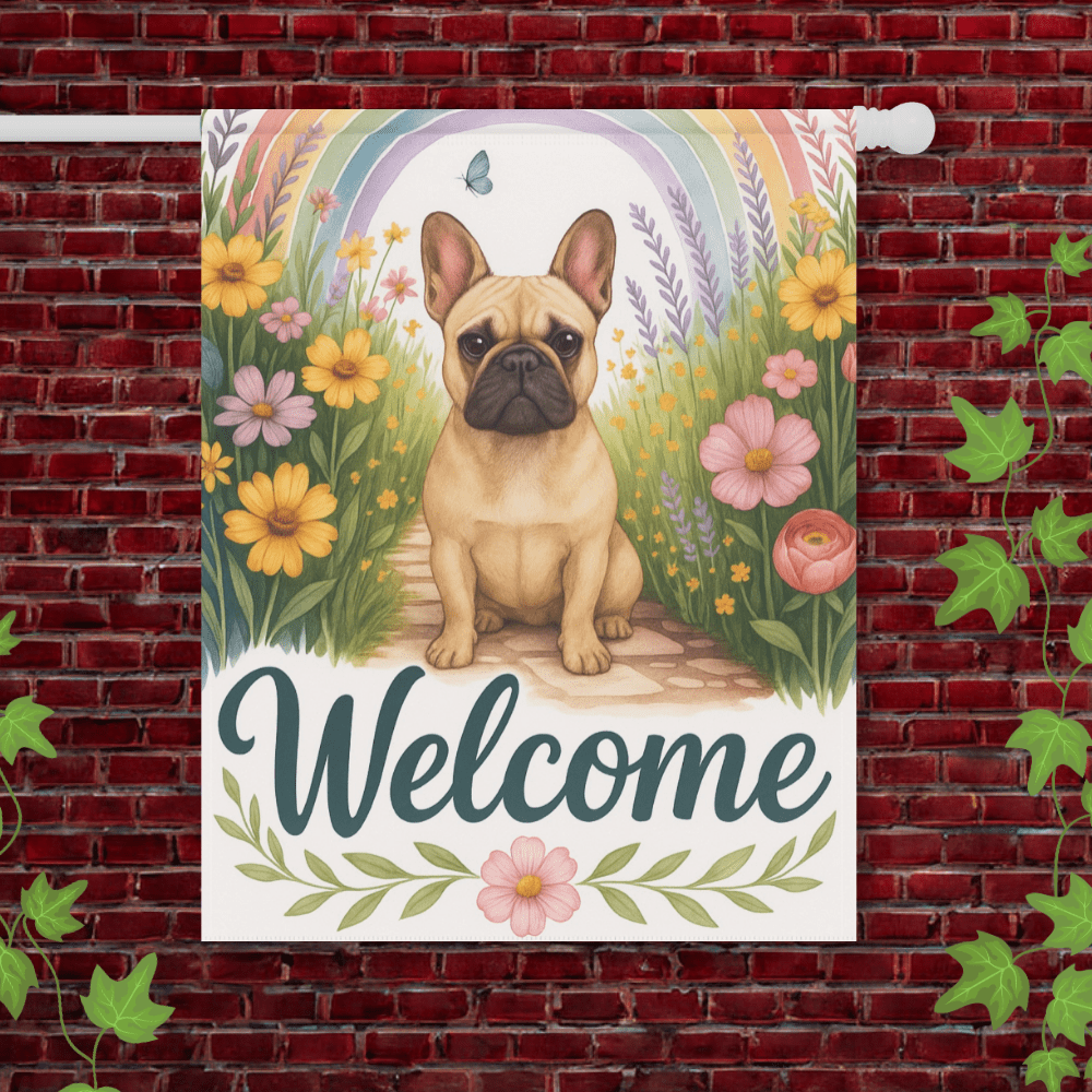 Printify Garden Flag 24.5'' × 32'' Fawn French Bulldog Welcome Garden Flag