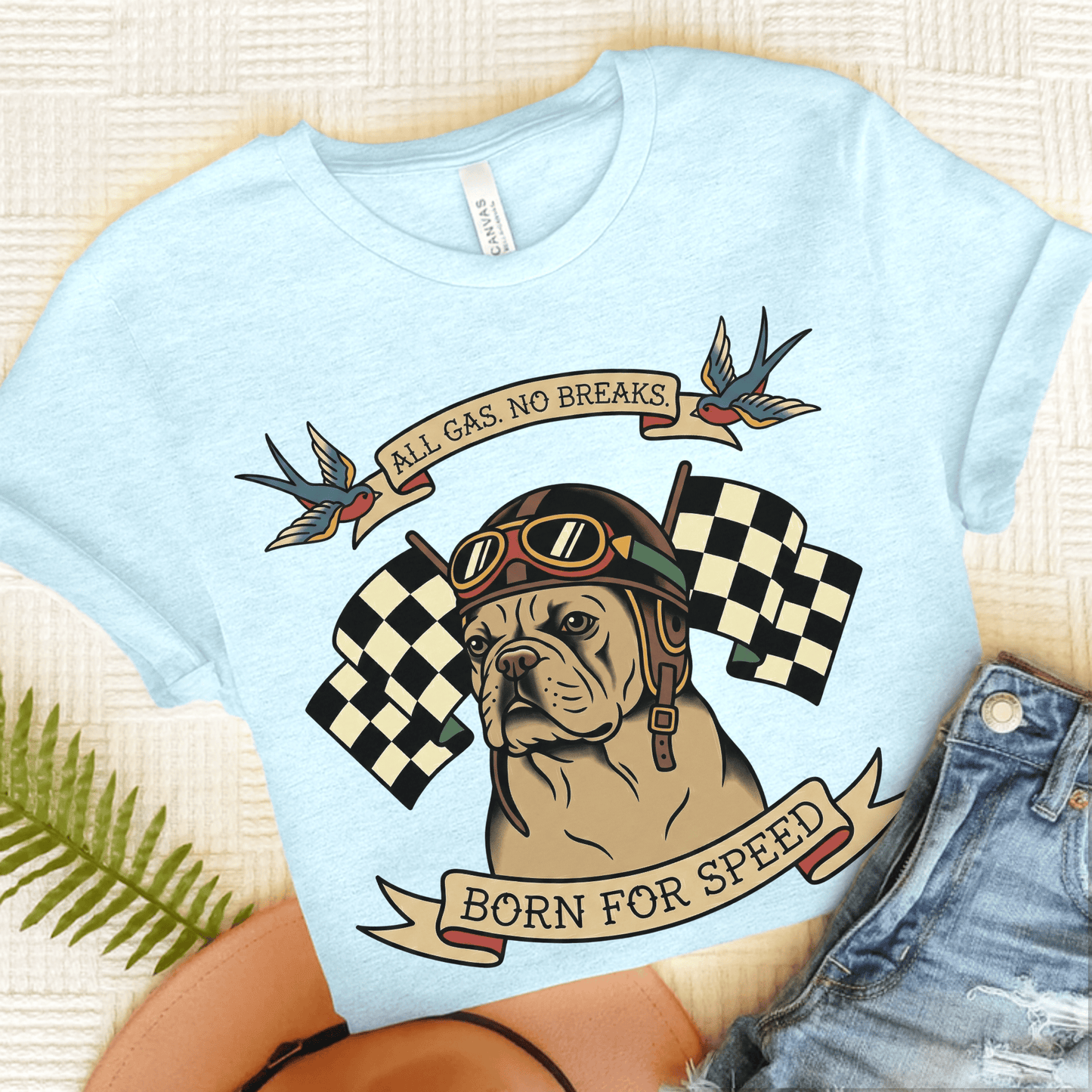Fawn Frenchie Racing Speed Unisex Tshirt Heather Ice Blue