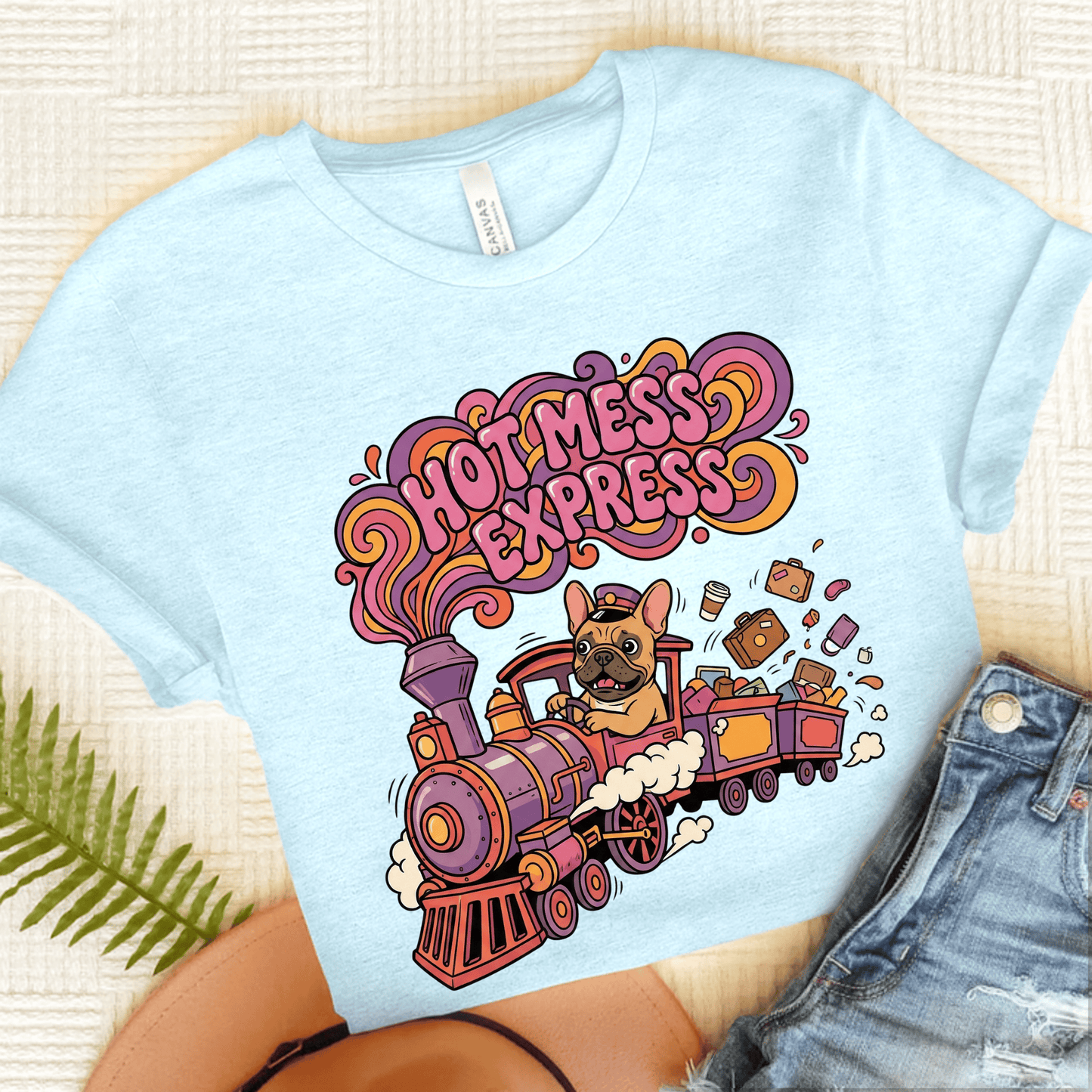 Fawn Frenchie Funny Hot Mess Unisex TShirt Heather Ice Blue