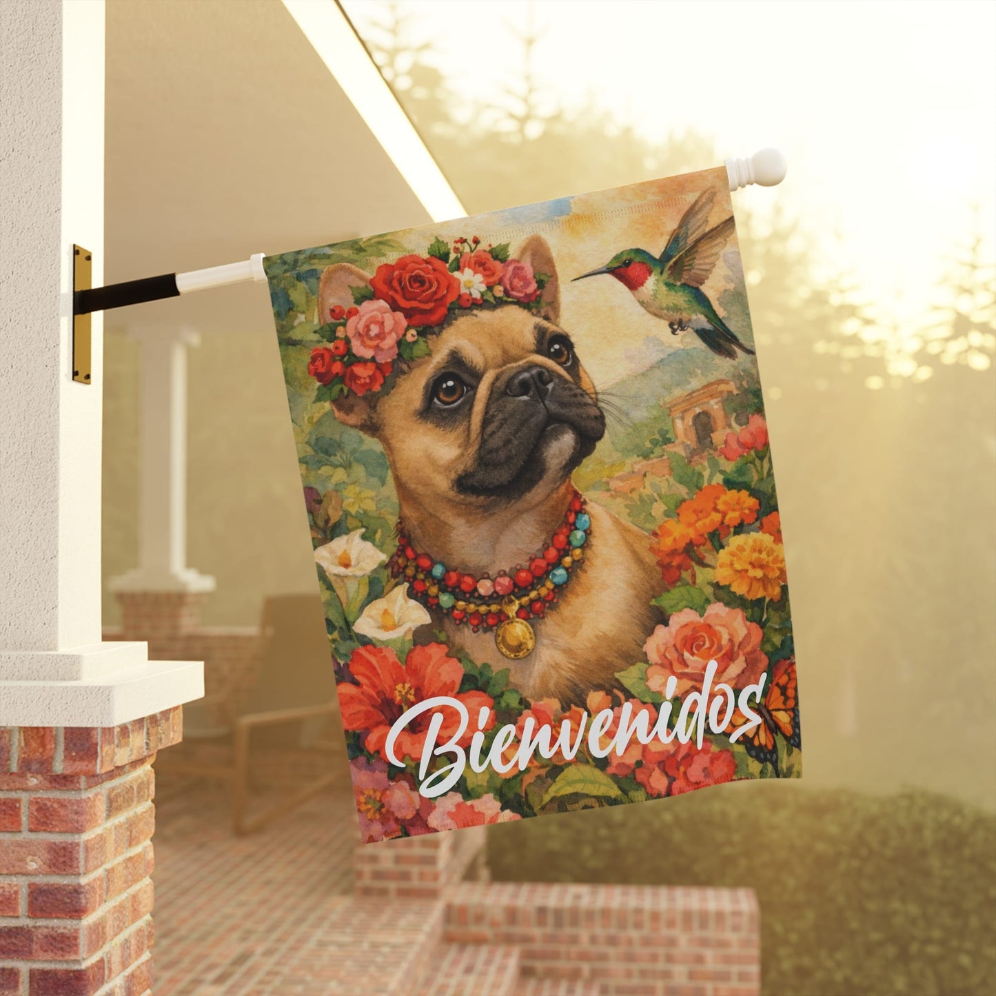 Fawn Frenchie Bienvenidos Spanish Garden Flag
