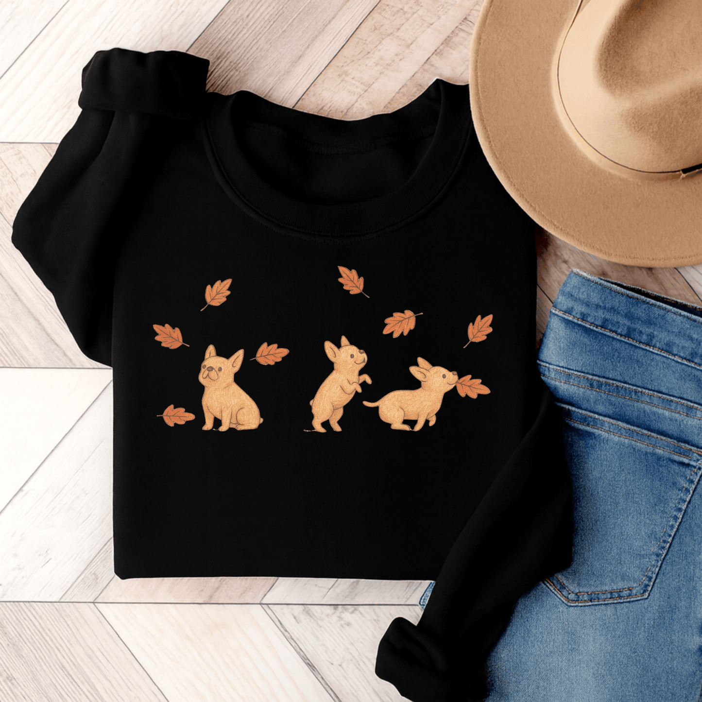 Fawn Frenchie Chasing Leaves Sweatshirt Black