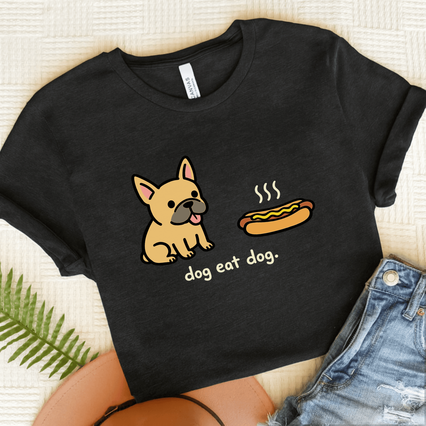 Fawn Frenchie Dog Eat Hotdog Foodie Unisex TShirt Dark Grey Heather
