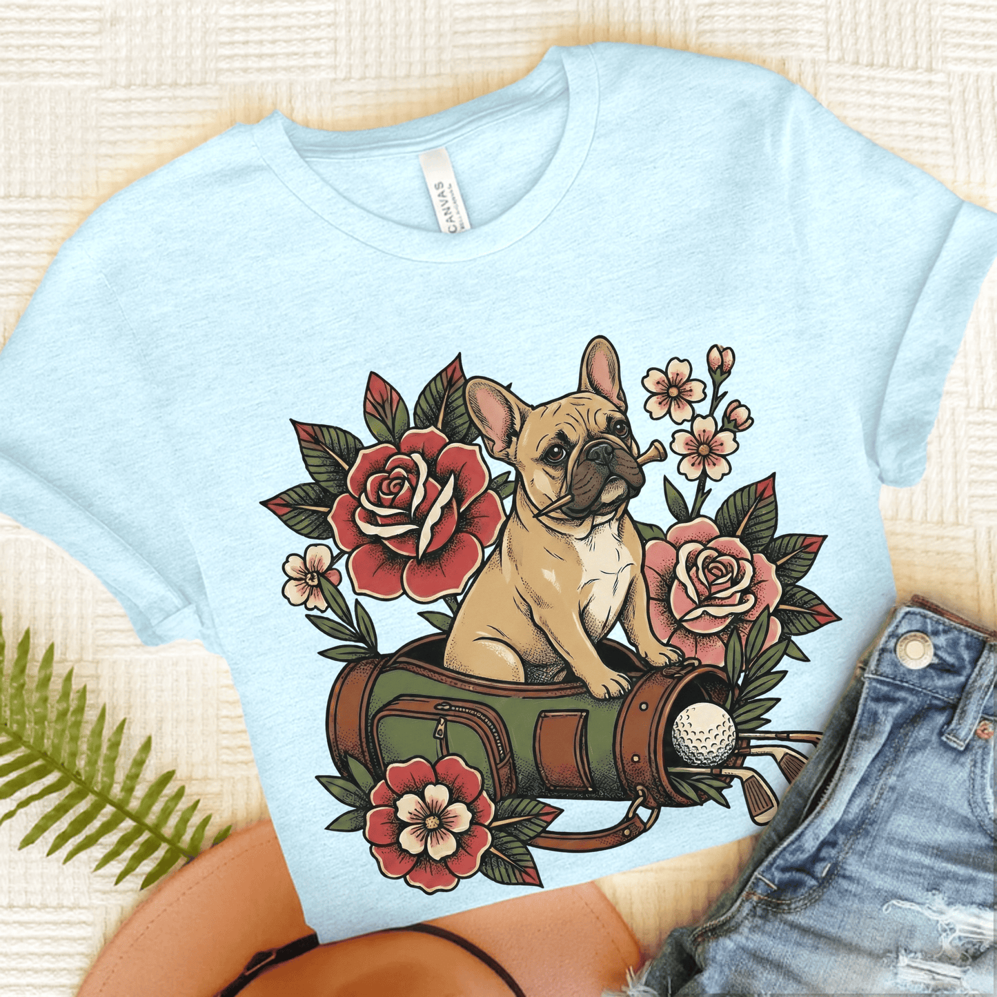 Fawn Frenchie Golfing Golfer Unisex TShirt Heather Ice Blue
