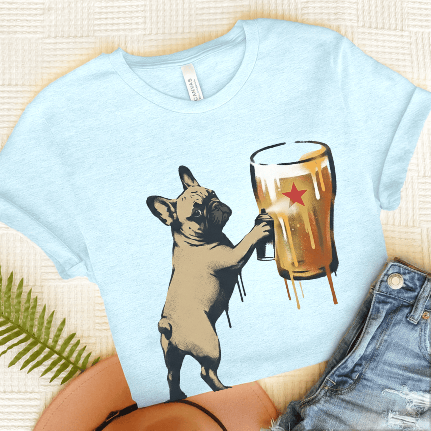 Fawn Frenchie Graffiti Beer Unisex TShirt Heather Ice Blue
