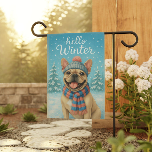Fawn Frenchie Hello Winter Garden Flag