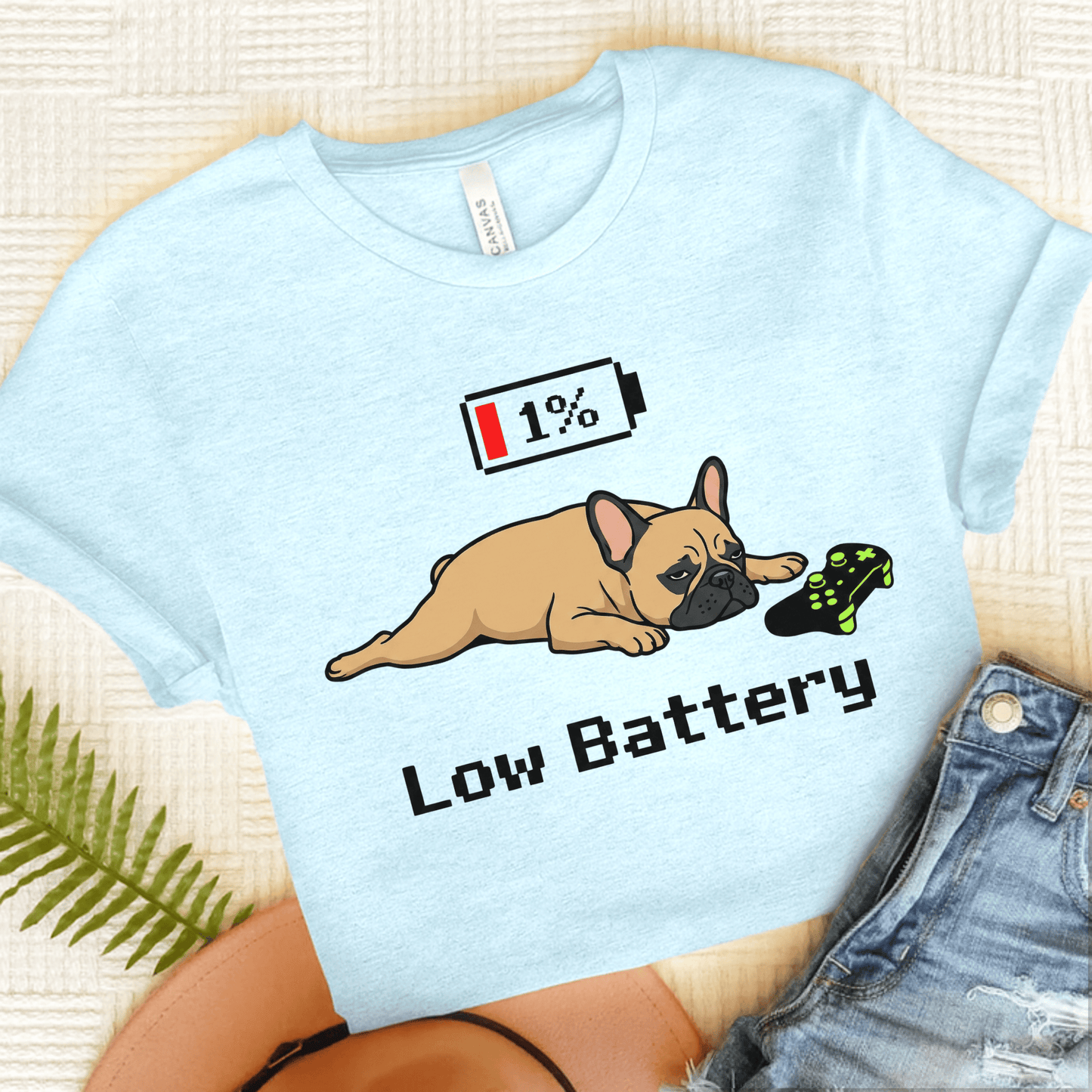 Fawn Frenchie Low Battery Gamer Unisex TShirt Heather Ice Blue