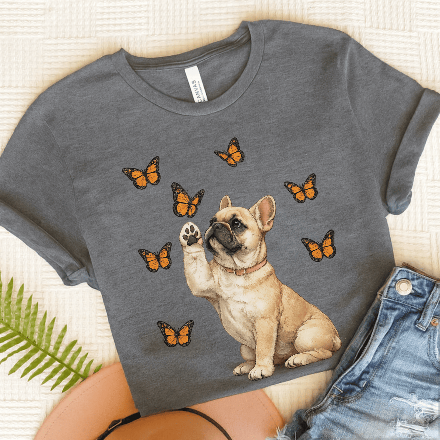 Fawn Frenchie Monarch Butterfly Unisex TShirt Dark Heather