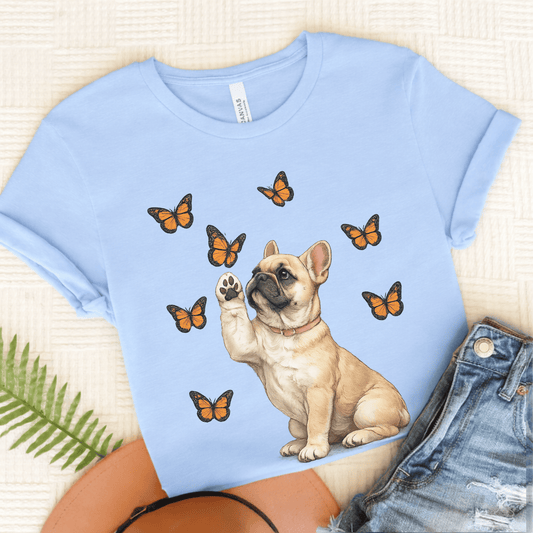 Fawn Frenchie Monarch Butterfly Unisex TShirt Light Blue