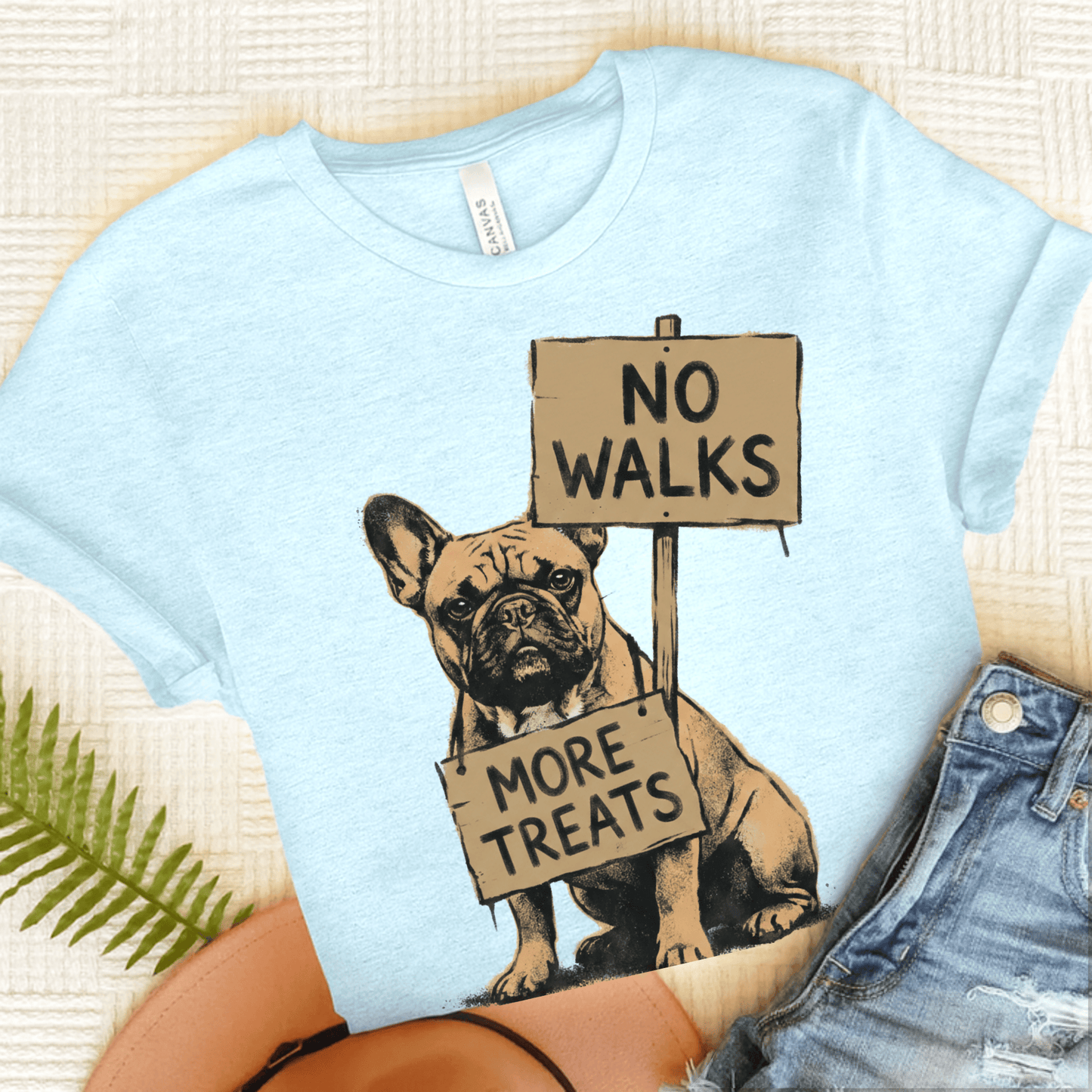 Fawn Frenchie No Walks Protest Unisex TShirt Heather Ice Blue