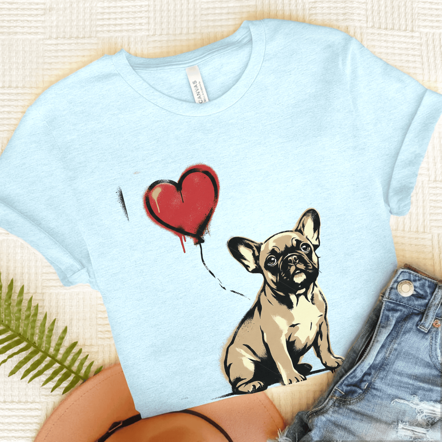 Fawn Frenchie Puppy Heart Balloon Unisex TShirt Heather Ice Blue