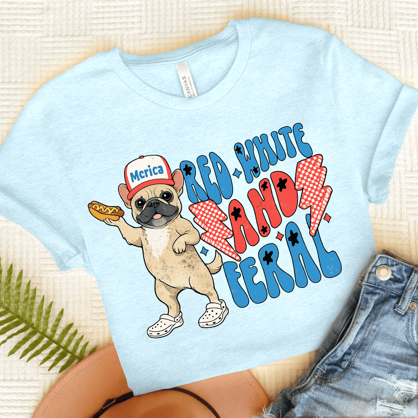 Fawn Frenchie Red White Feral 4th of July Unisex TShirt Heather Ice Blue