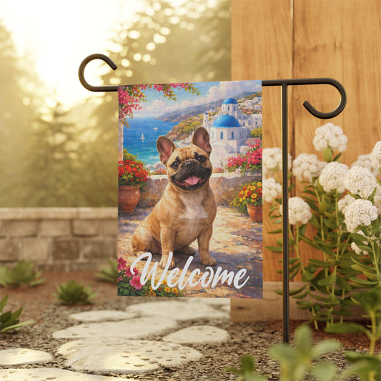 Fawn Frenchie Santorini Greece Garden Flag