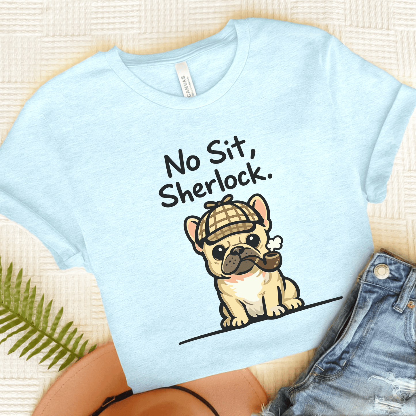 Fawn Frenchie Sherlock Holmes Unisex TShirt Heather Ice Blue
