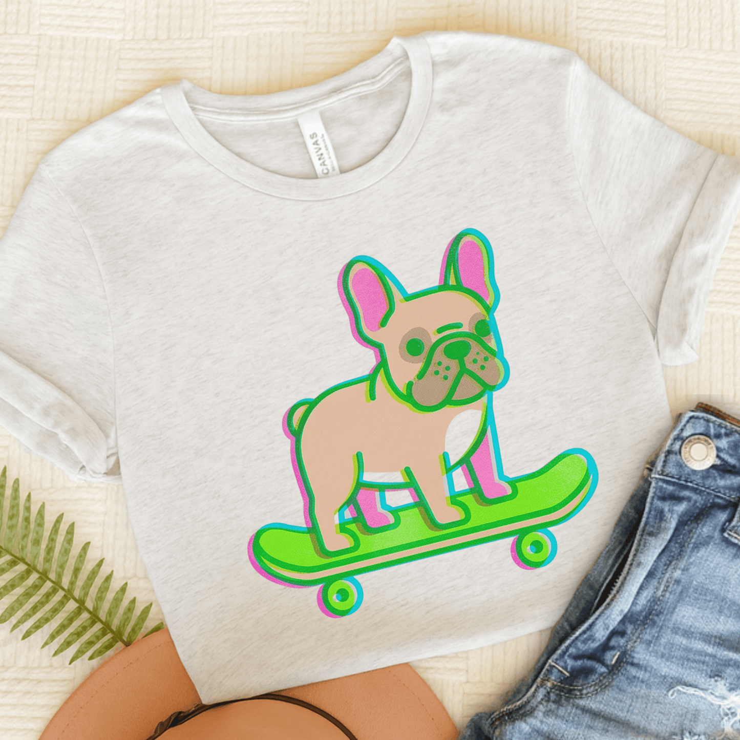 Fawn Frenchie Skateboard Risograph Unisex TShirt Ash