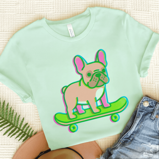 Fawn Frenchie Skateboard Risograph Unisex TShirt Heather Mint