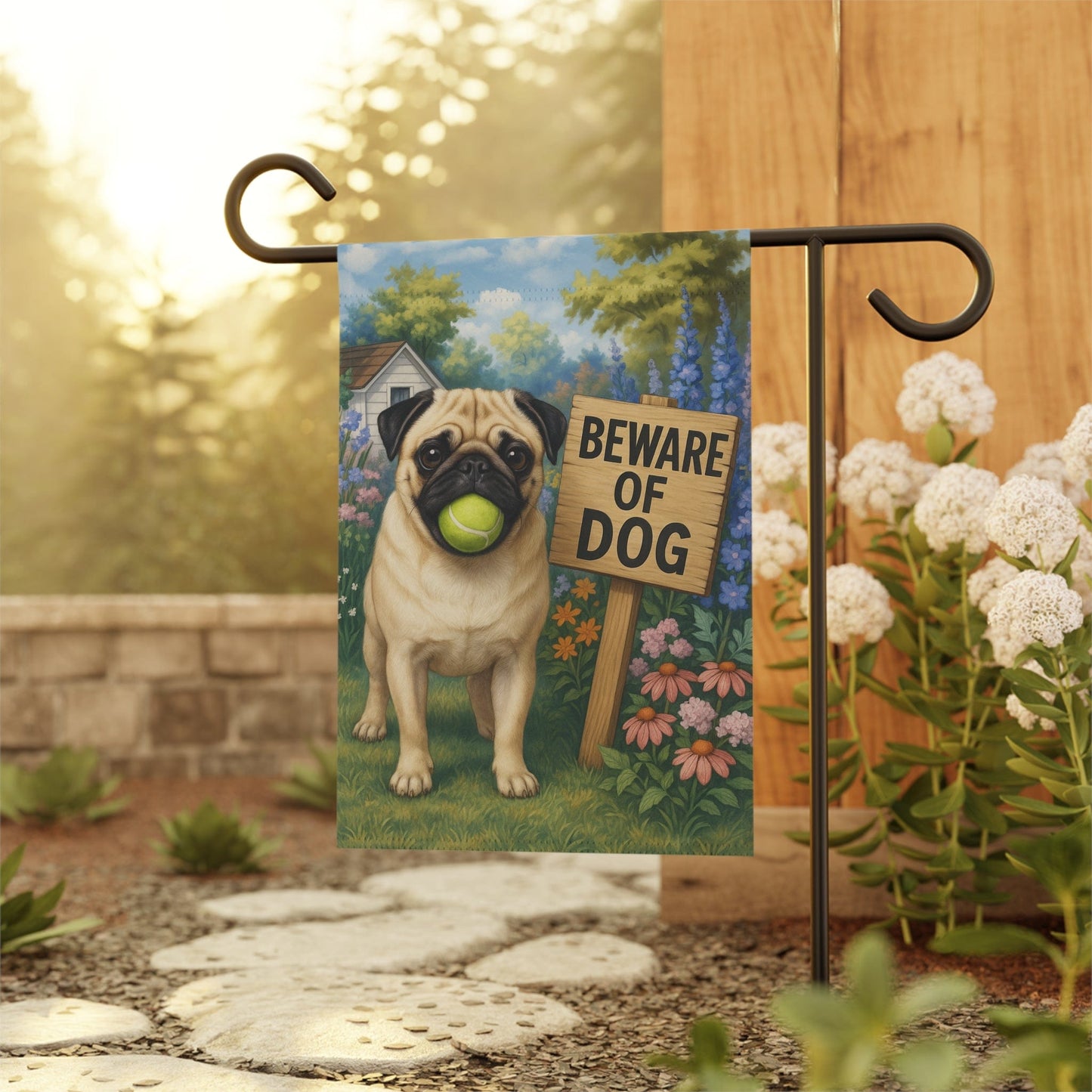 Printify Garden Flag Fawn Pug Beware Garden Flag