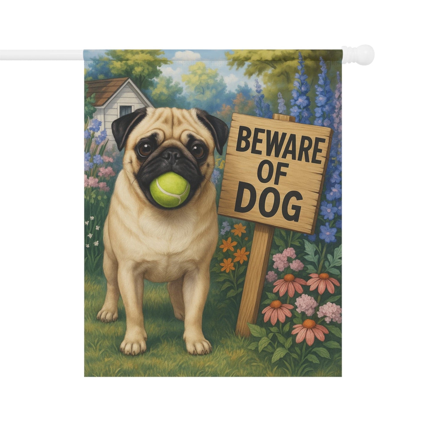 Printify Garden Flag Fawn Pug Beware Garden Flag