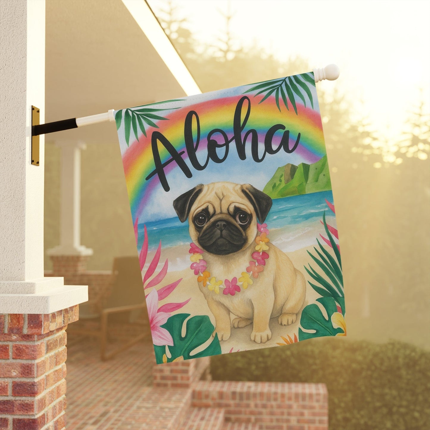 Printify Garden Flag Fawn Pug Dog Aloha Luau Garden Decor