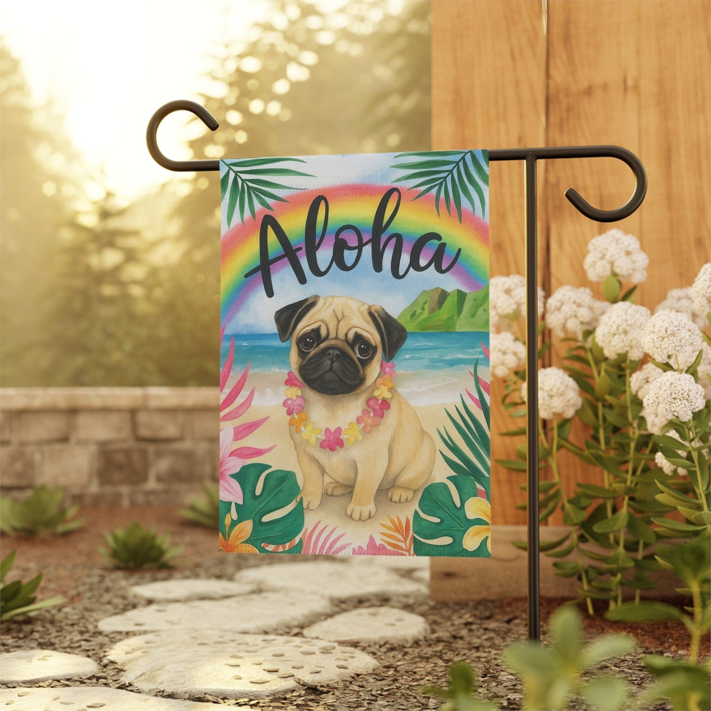 Printify Garden Flag Fawn Pug Dog Aloha Luau Garden Decor