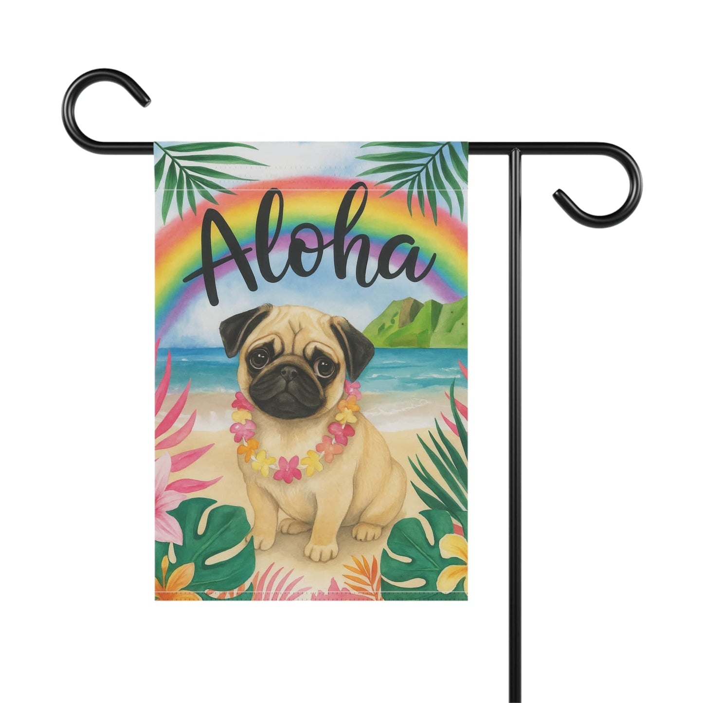 Printify Garden Flag Fawn Pug Dog Aloha Luau Garden Decor