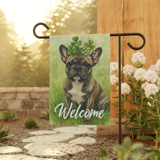 Four Leaf Clover Brindle Frenchie Garden Flag